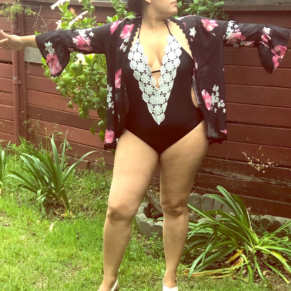 Black floral kimono coverup.